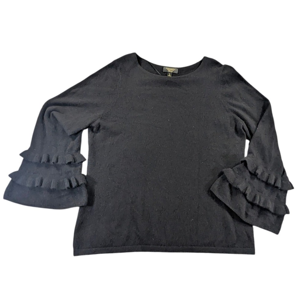 Charter‎ Club Luxury Cashmere Sweater XL Black Ruffle Sleeve 100% Cashmere Cozy
